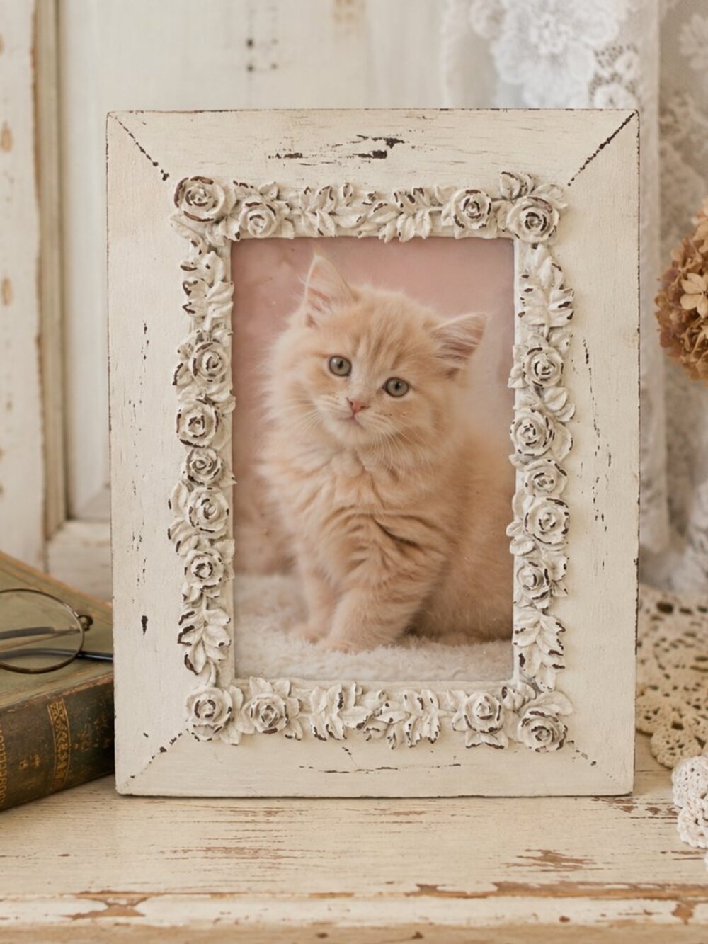 Shabby Chic Floral Rose Picture Frame – Distressed Cream 8.25” x 6.25